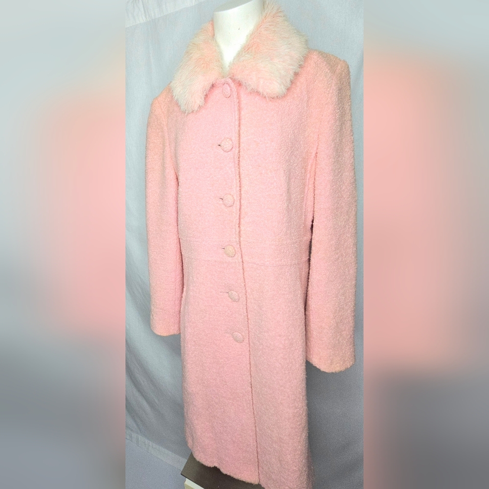 Arden B. LUXE Pink Wool Blend Bouclé Long Coat w/ Removable Faux Fur Collar L - Picture 3 of 12